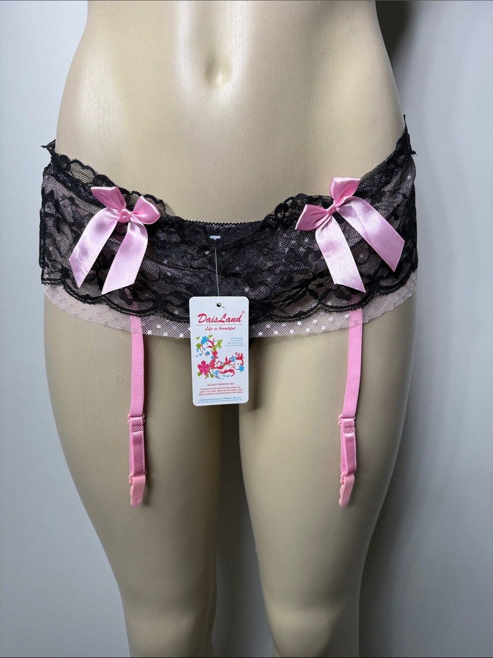 Black Lace Garter Belt with Pink Satin Bows